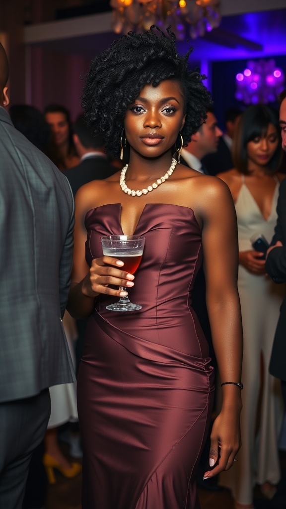 A woman in a burgundy gown holding a cocktail glass at a cocktail party.