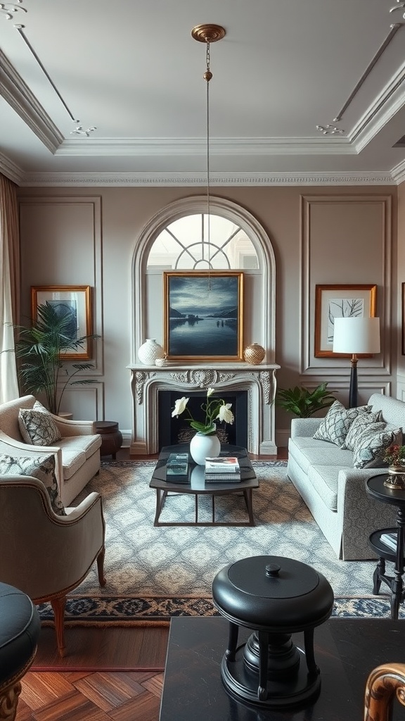A sophisticated living room featuring elegant furniture, artwork, and decor.
