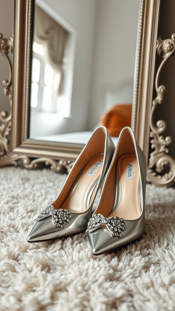 A pair of silver pointed-toe heels with a decorative bow, placed on a plush rug with a mirror reflection.