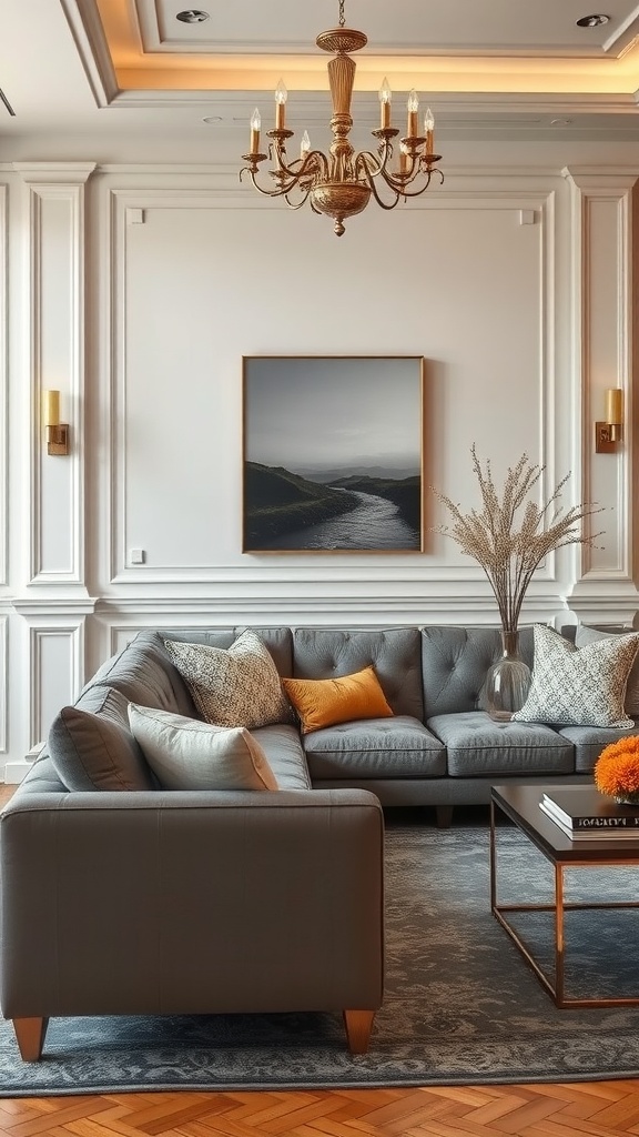 A stylish living room featuring a sophisticated grey sofa with gold accents, complemented by a chandelier and artwork.