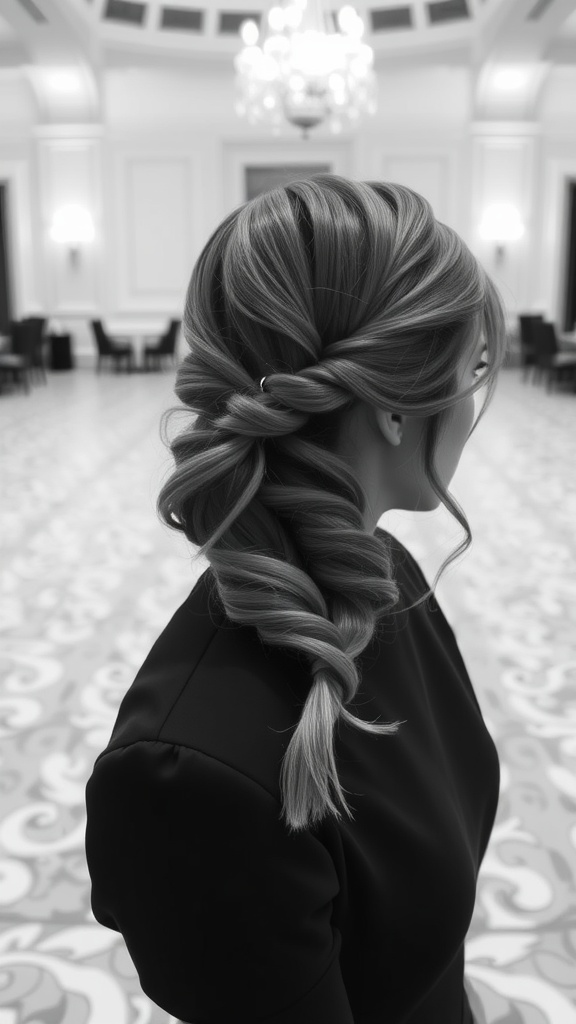 A woman showing a sophisticated half updo hairstyle with a side braid.