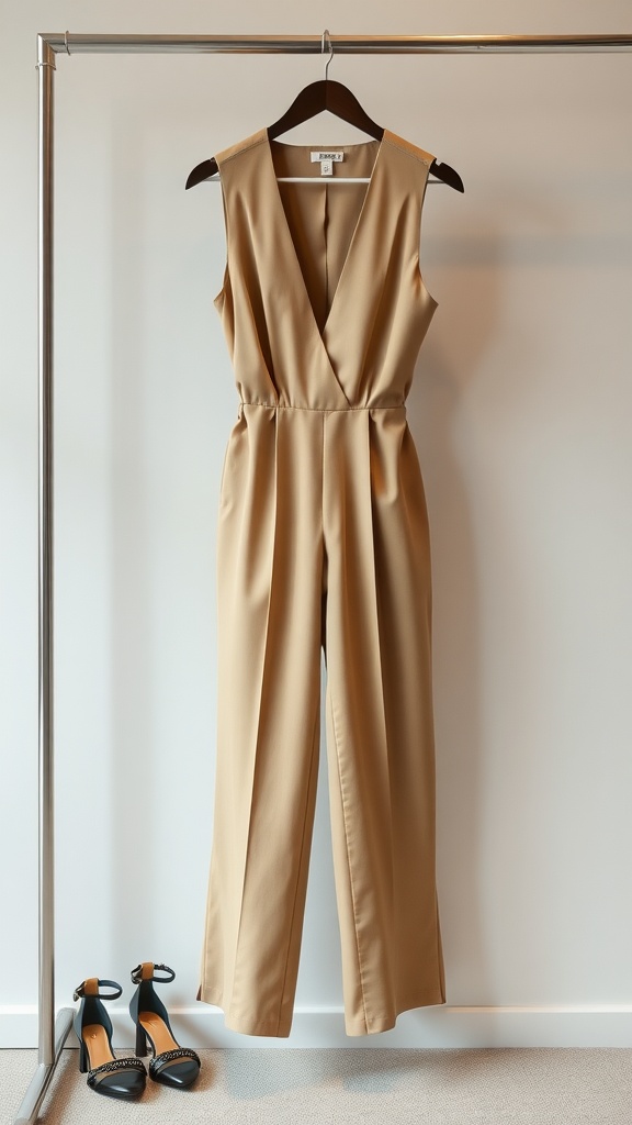 A sophisticated beige jumpsuit hanging on a rack next to black high-heeled shoes.