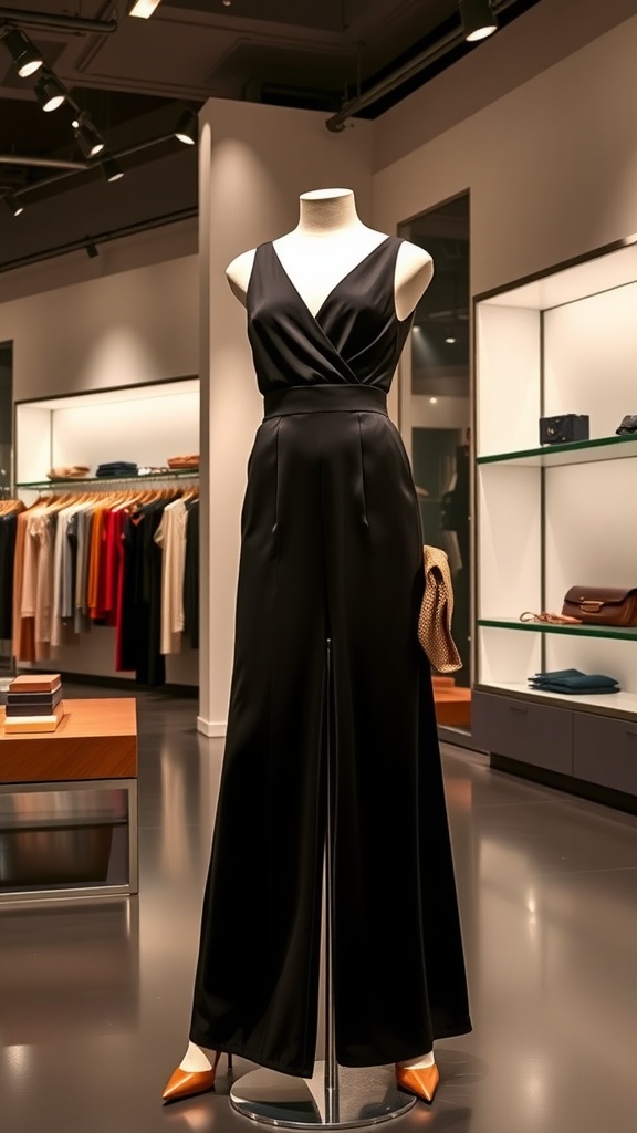 A stylish black jumpsuit displayed in a boutique, featuring a v-neck and fitted waist.