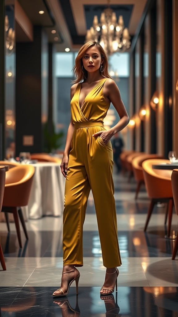 A model wearing a stylish yellow jumpsuit in a modern restaurant setting.