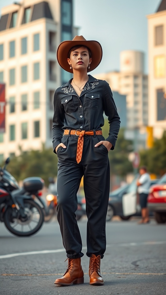 A woman wearing a stylish jumpsuit with cowboy charm, featuring a wide-brimmed hat and brown boots, standing confidently in an urban setting.