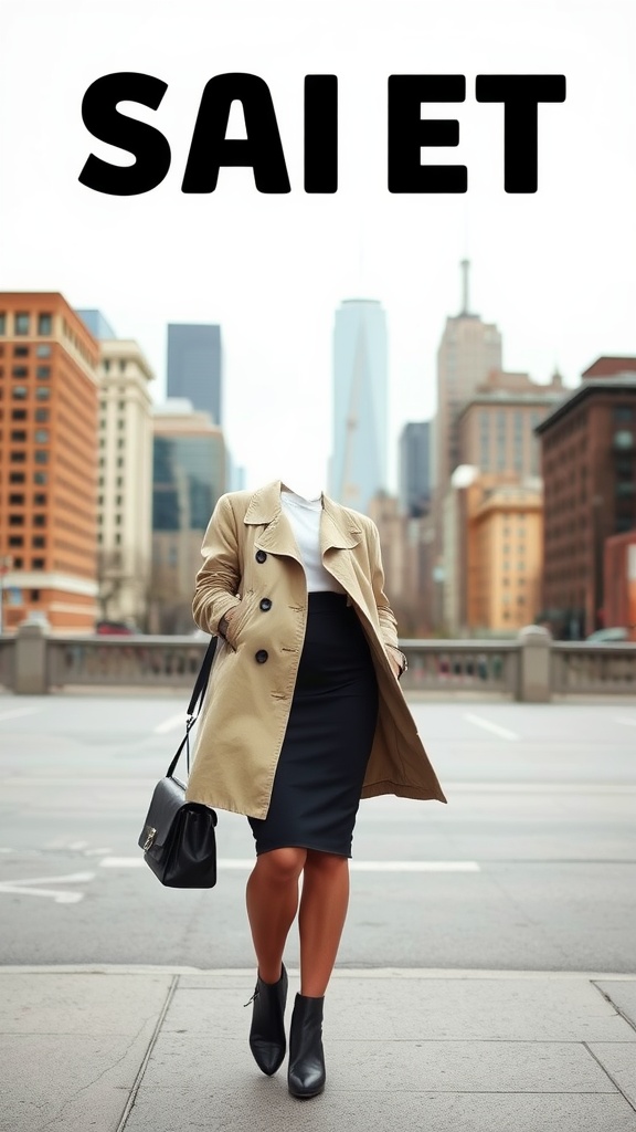 Woman wearing a beige trench coat and black pencil skirt in a city setting