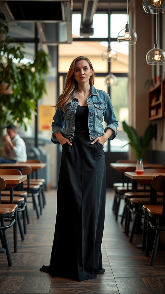 A woman in a denim jacket and black maxi skirt standing in a cafe