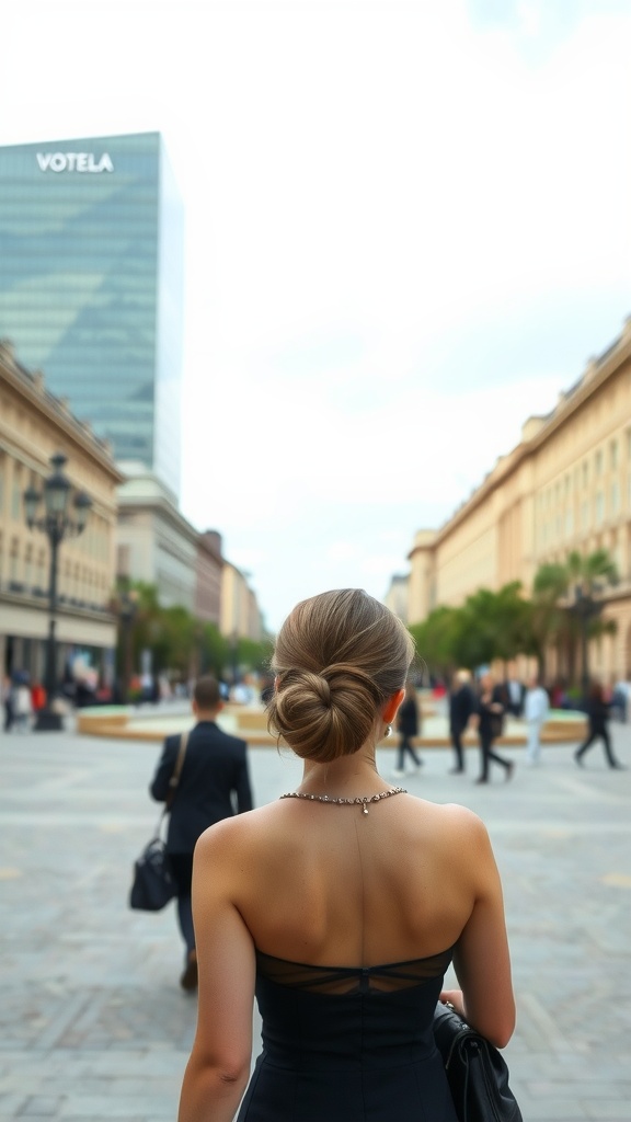 A woman with medium-length hair styled in a low chignon, walking in a city street, wearing a black dress and a necklace.