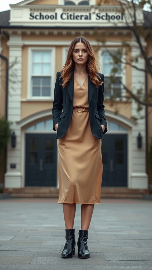 A model wearing a beige midi dress and a black blazer, standing in front of a school building.