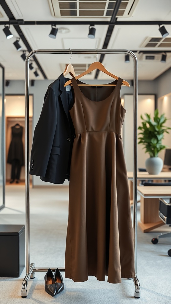 A brown midi dress on a hanger with a black blazer and high heels in a modern office setting.