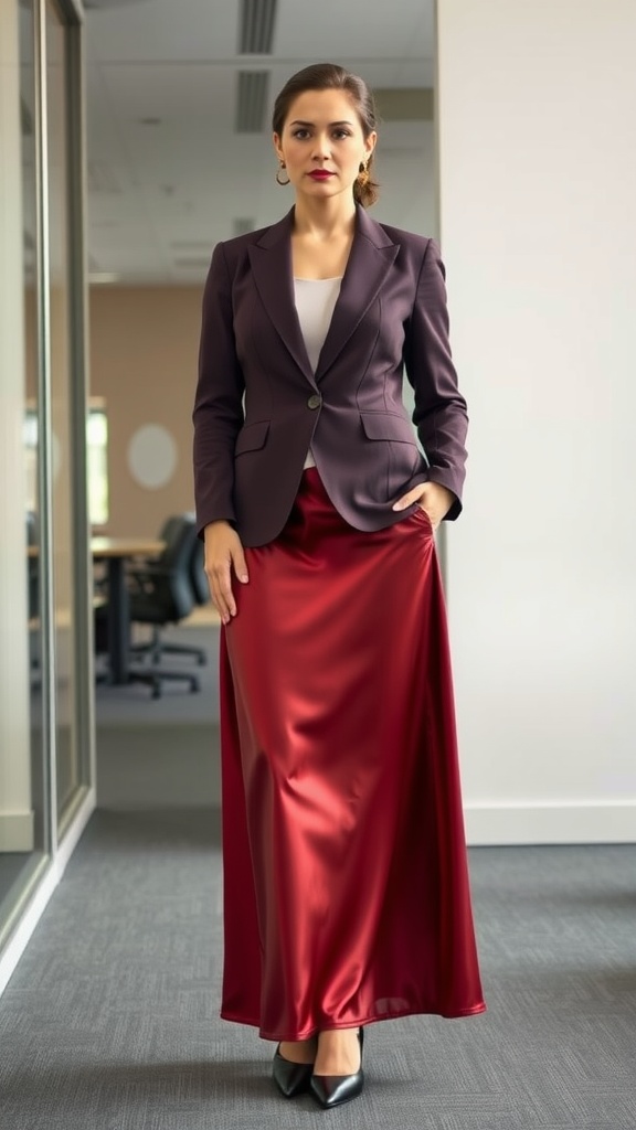 A woman wearing a tailored blazer and a satin maxi skirt in an office setting.