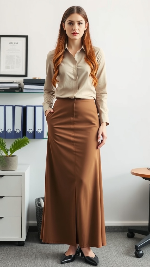 A woman wearing a brown maxi skirt and button-up shirt in an office setting.