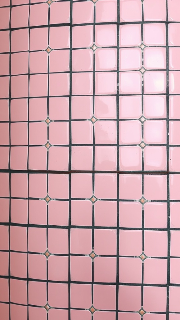 Pink tile patterns with black grout in a bathroom