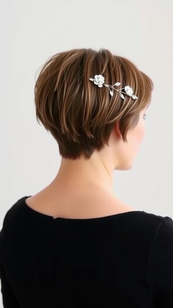 A woman with a sleek pixie haircut adorned with floral hair accessories, showcasing a modern wedding hairstyle.