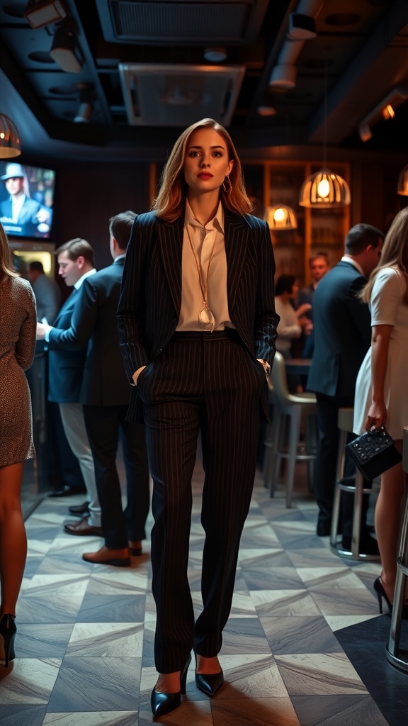 A woman in a stylish pinstriped suit stands confidently in a club setting, surrounded by elegantly dressed individuals.