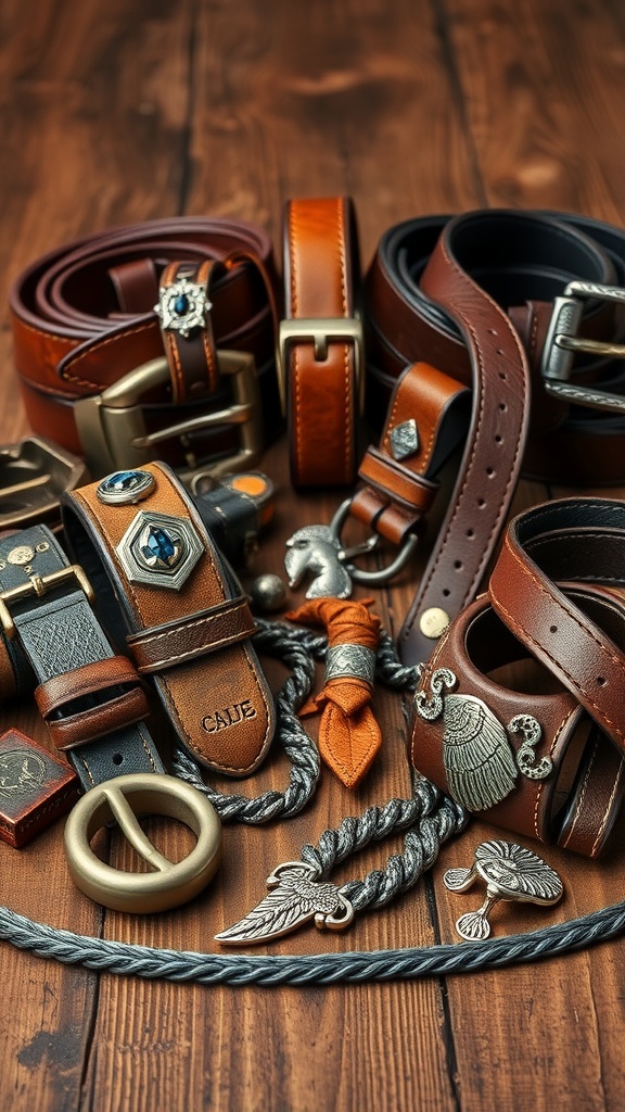 A collection of Western-inspired accessories including leather belts in various colors and styles, intricate buckles, and decorative accents.