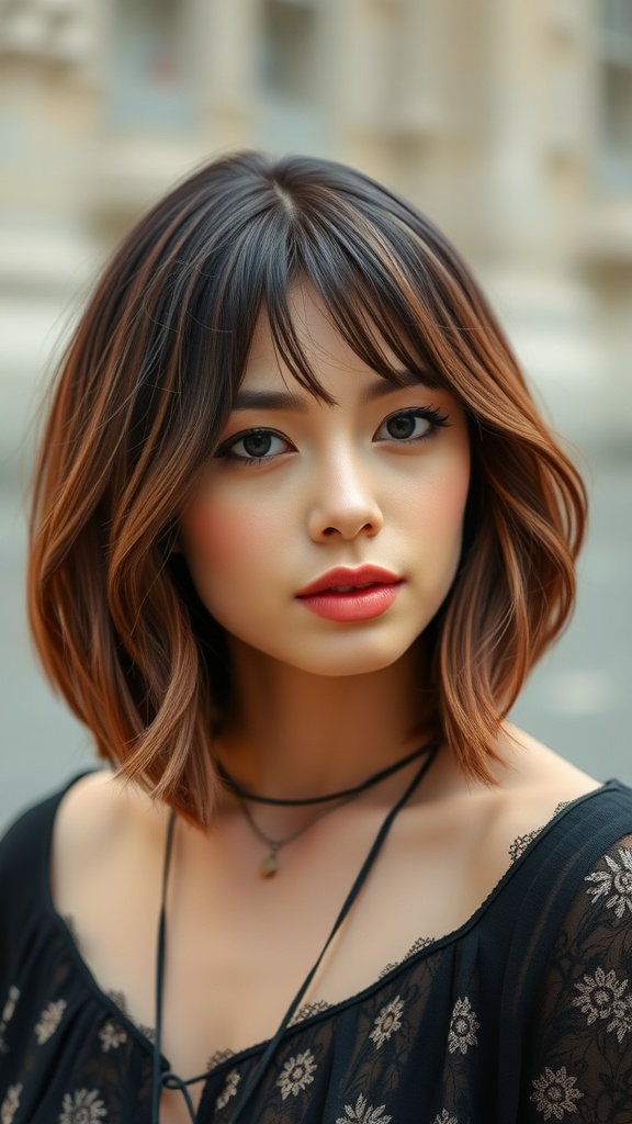 A woman with a warm-toned bob hairstyle, wearing a black top with subtle patterns, showcasing a boho style.