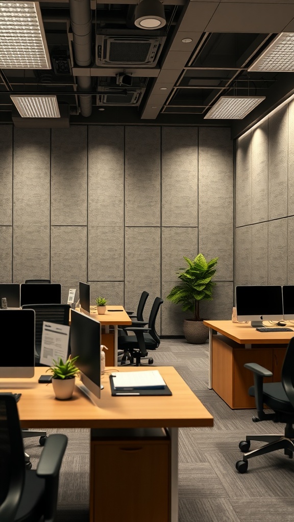 Modern office interior with soundproof walls, plants, and workstations
