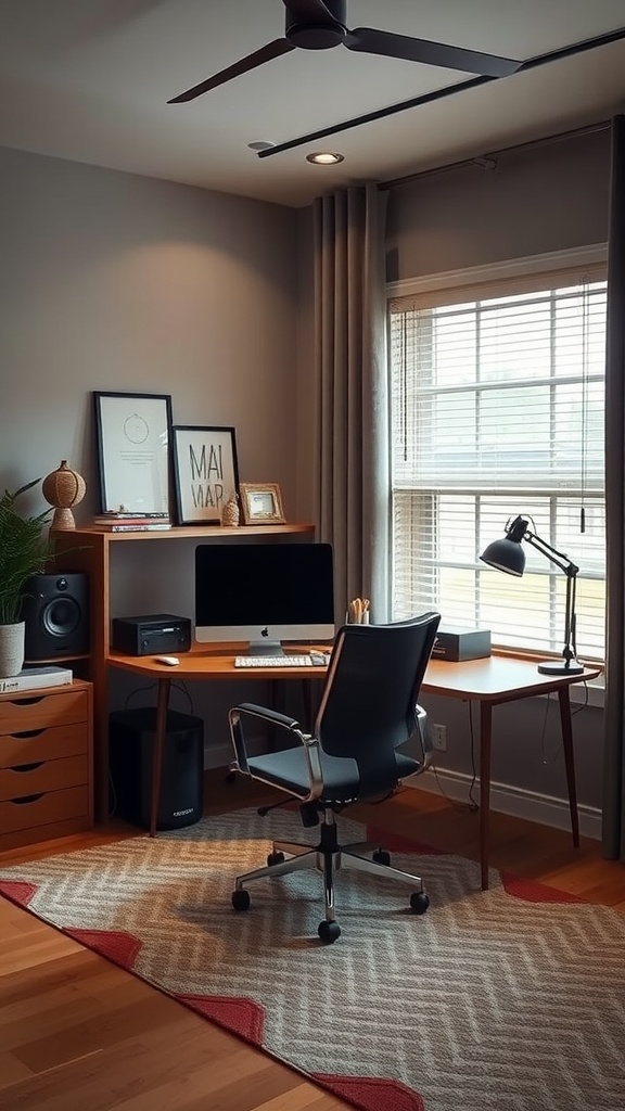 A modern home office setup featuring a desk, computer, and decorative elements, with an emphasis on a soundproofing environment.