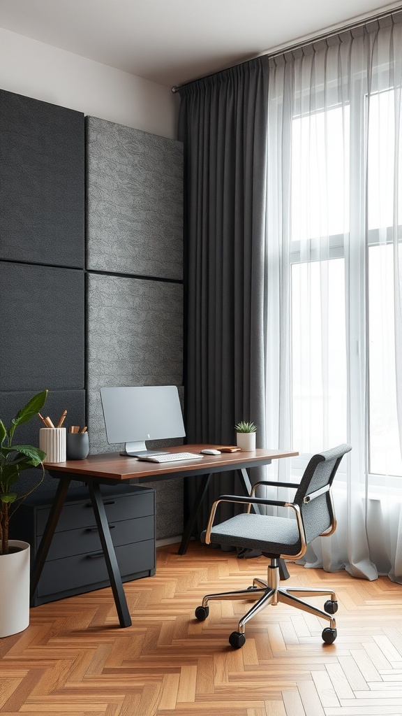 Modern home office interior with soundproofing elements, including acoustic panels and curtains.