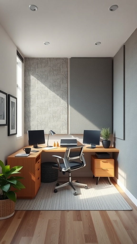 A modern small home office setup featuring a corner desk with two computer monitors, a stylish chair, and sound-absorbing wall panels.