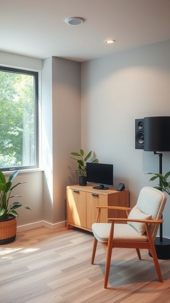 A cozy therapy office corner with a chair, plants, and a window.