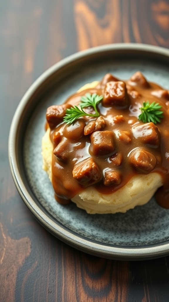 Southern biscuit topped with sausage gravy on a plate