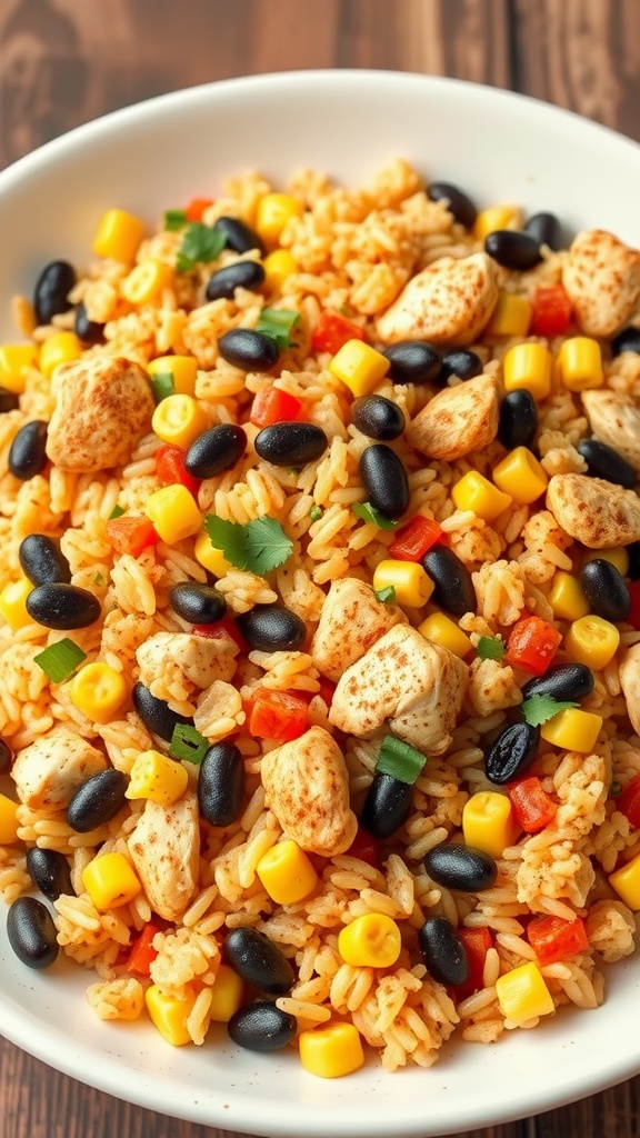 A colorful plate of Southwest Chicken and Rice Skillet featuring chicken, rice, corn, and black beans.