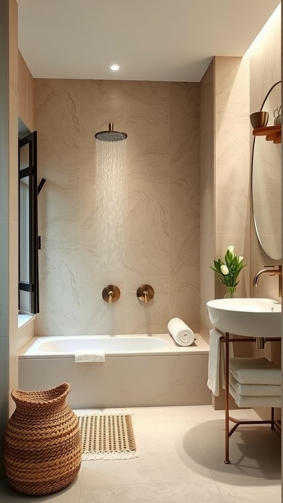 A modern guest bathroom with a rainfall shower, soaking tub, and natural materials.