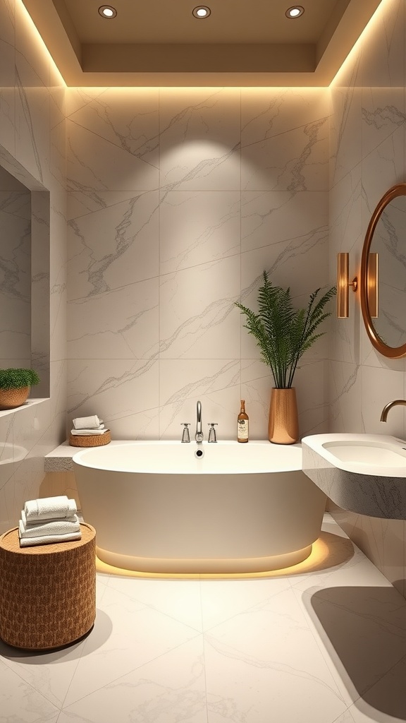 Modern guest bathroom with a freestanding tub, marble walls, and soft lighting