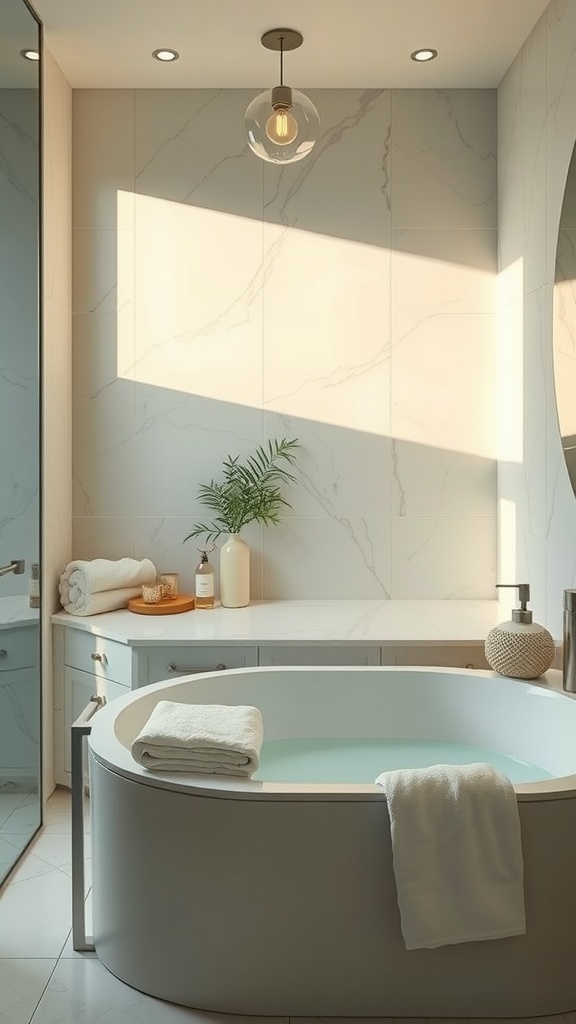 A modern bathroom featuring a sleek tub, soft lighting, and calming decor.