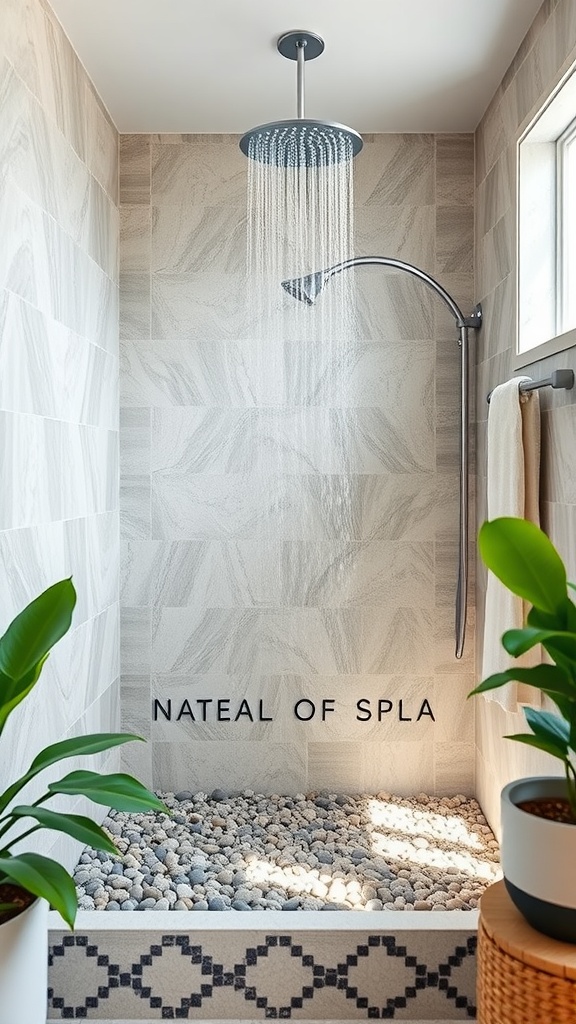 A spa-like shower with pebble floors, featuring a rain showerhead and plants for a coastal vibe.