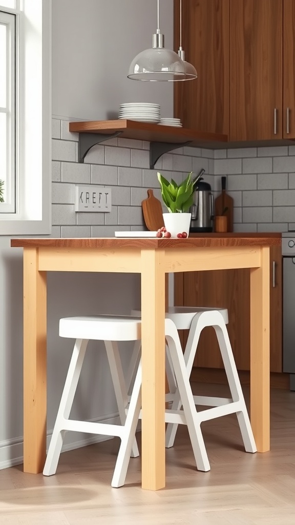 A modern kitchen island with wooden table and white space-saving bar stools