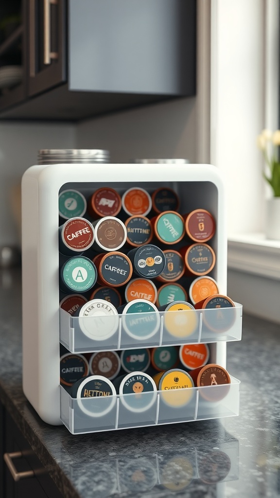 Space-saving coffee pod organizer with various coffee pods displayed in a stylish design