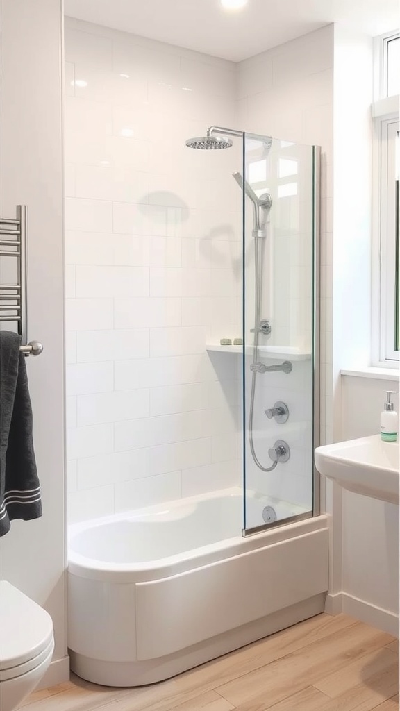 A modern small bathroom featuring a space-saving corner shower with a glass enclosure.
