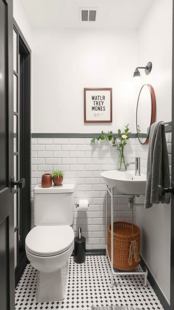 Modern guest bathroom with space-saving features, including wall-mounted sink and black and white tiles.