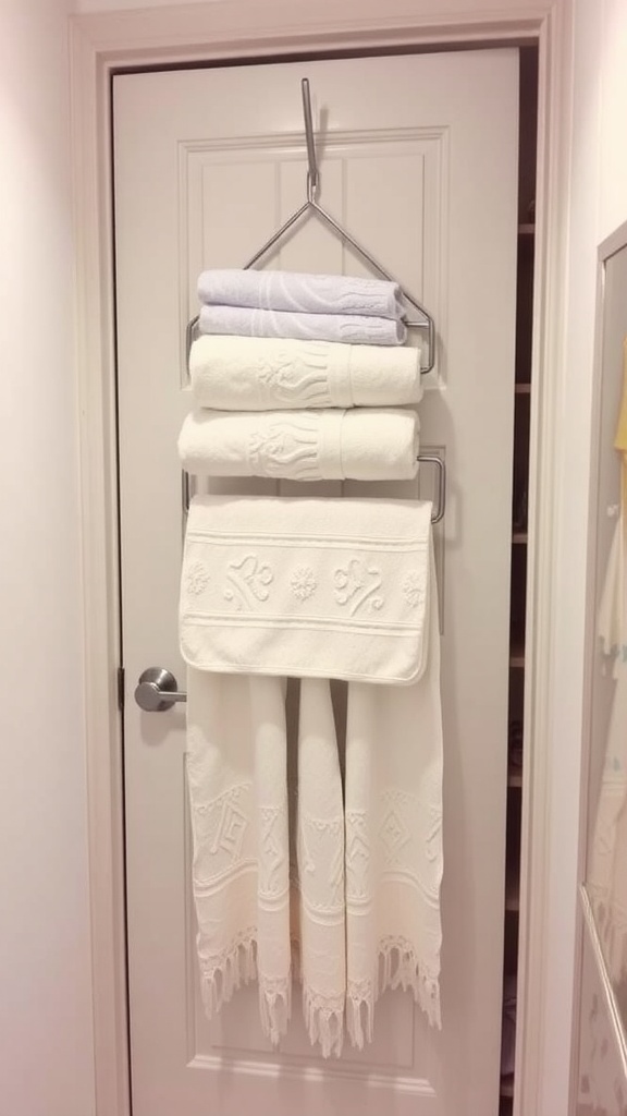 Over-the-door towel holder with neatly arranged towels in a bathroom.