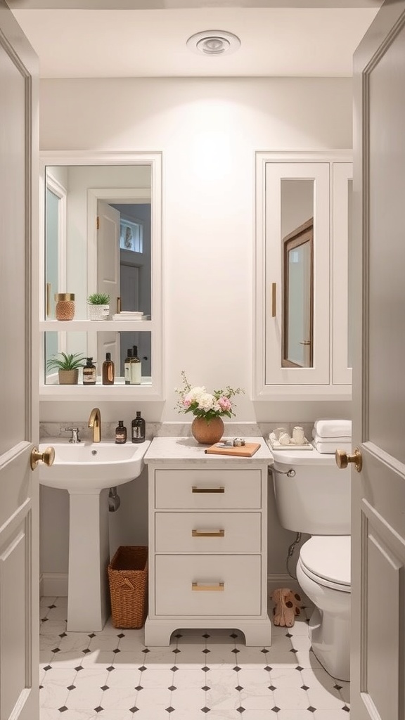 A stylish small Jack and Jill bathroom featuring a sink, toilet, and vanity with storage, decorated with plants and accessories.