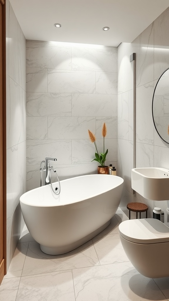 A modern small bathroom featuring a sleek freestanding tub next to a compact sink and toilet, with stylish decor.