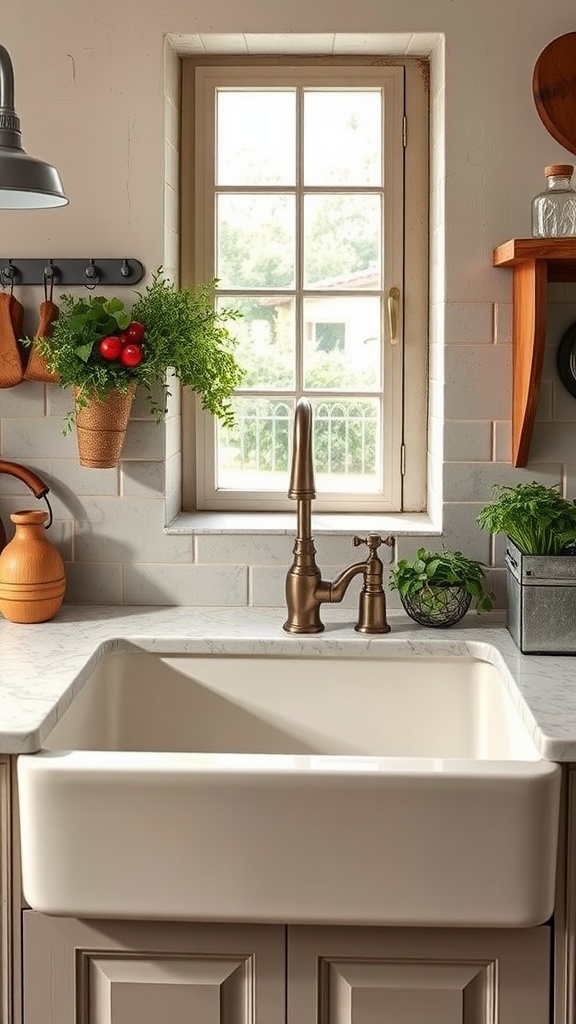 A spacious farmhouse sink with a vintage faucet, surrounded by herbs and natural light.
