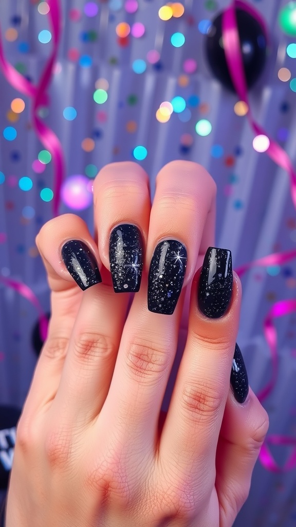 Close-up of manicured black acrylic nails with sparkling glitter accents against a festive background.
