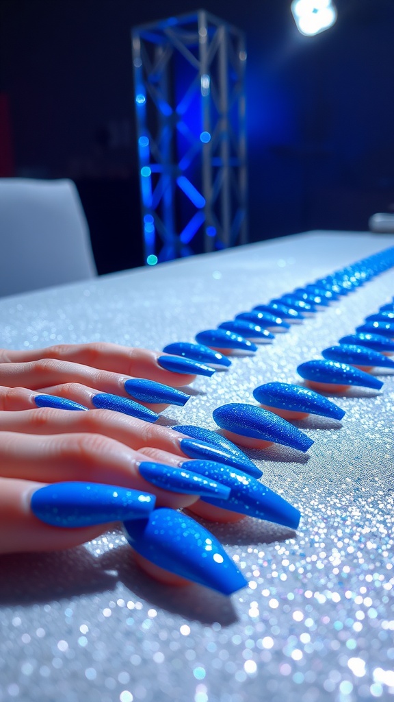 Close-up of long blue glitter nails on a shimmering surface