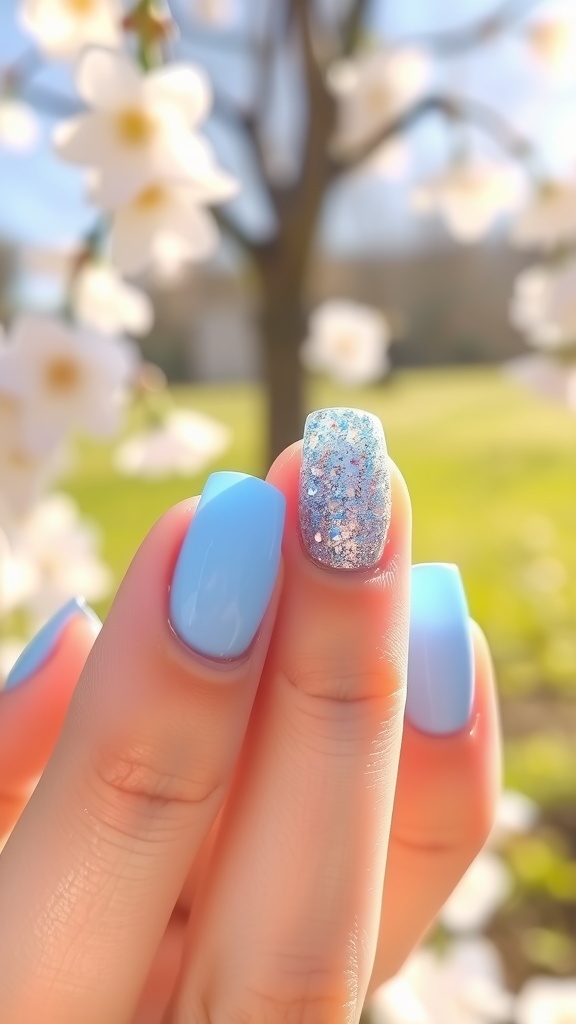 Light blue nails with a glitter accent, surrounded by flowers in a spring setting.