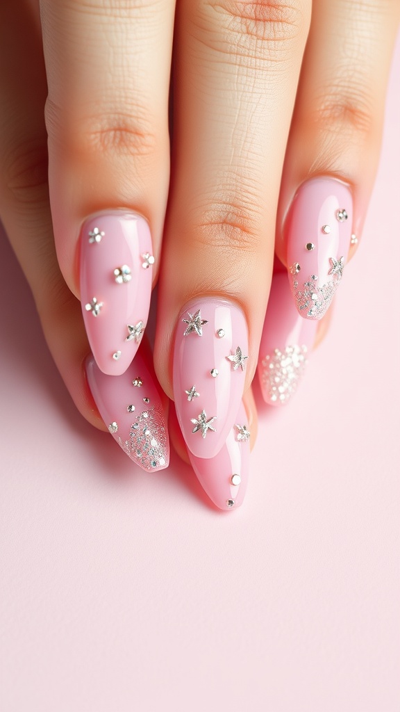 Close-up of baby pink chrome nails with sparkling glitter accents and silver stars.