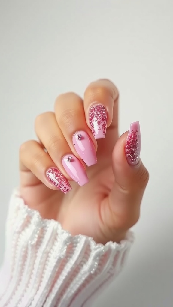 Close-up of pink chrome French tip nails with sparkling glitter accents