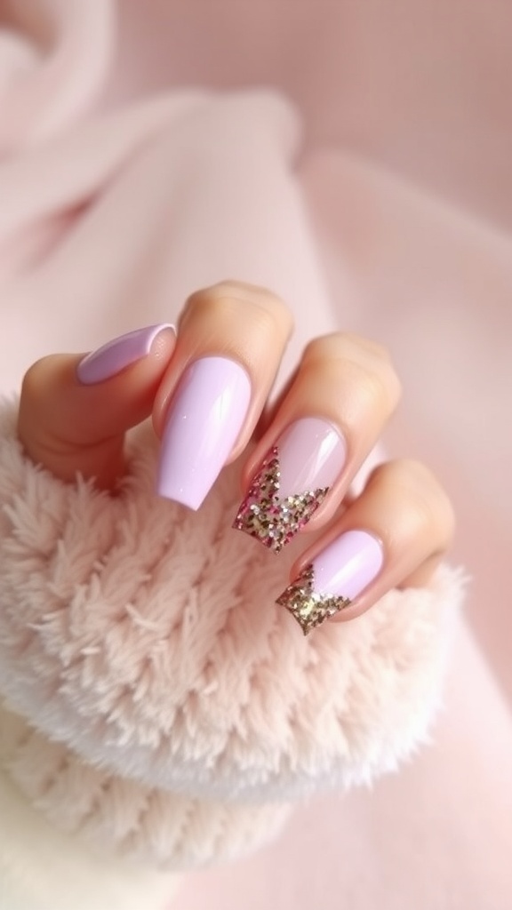 Lavender nails with glittery gold accents on the tips