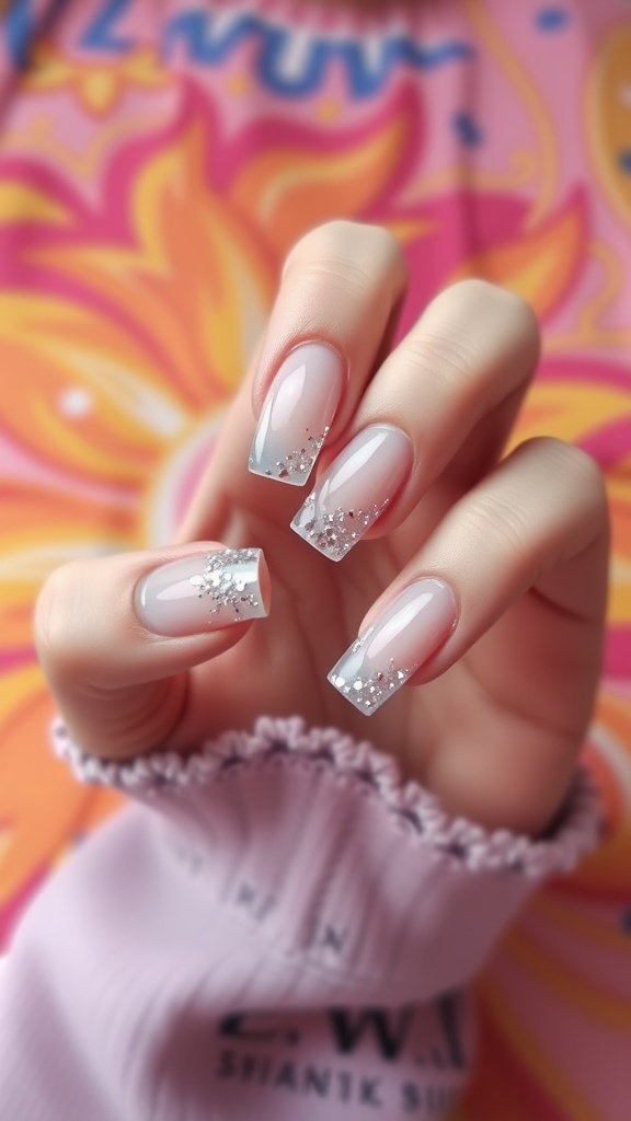 Close-up of short square acrylic nails with glitter accents.
