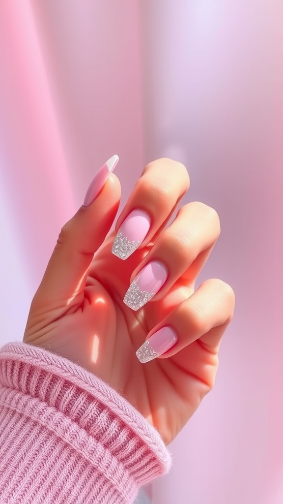 Hand showing baby pink chrome nails with sparkling glitter accents
