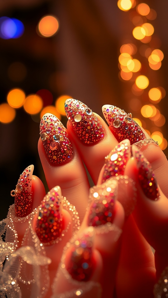 Close-up of sparkling glitter nail design with rhinestones