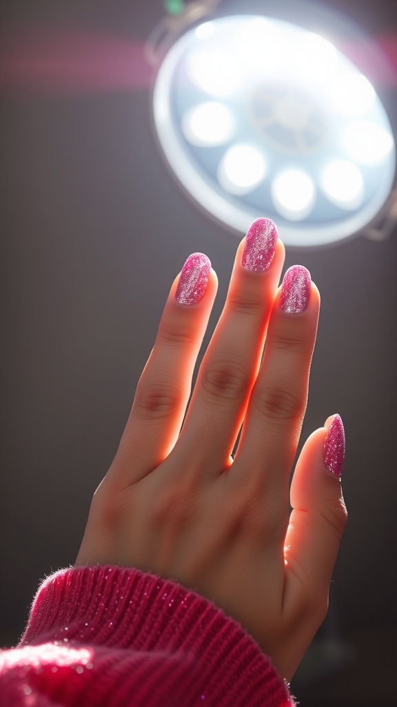 Close-up of a hand showing pink chrome French tip nails with glitter under bright light.